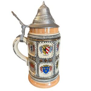 VTG Original King Western Germany Beer Stein 2050 City Crests Pewter Lid DBGM